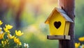 Yellow bird house with the heart shapped entrance on spring tree Royalty Free Stock Photo