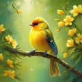 Yellow Bird with Long Tail Sitting on Spring Branch Canvas Brush