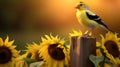 Yellow Bird Perched On Log In Sunflowers: Photorealistic Portraiture