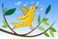 Yellow bird singing on branch with green leaves, cute spring theme, vector illustration for easter or spring design Royalty Free Stock Photo