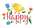 Yellow bird singing with flowers and broken eggshell. Bright cheerful greeting card design. Spring happiness and nature