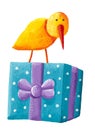 Yellow bird sitting on a beautiful box of a present, illustration on a white background