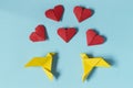 Yellow Birds and Red Hearts. Origami. Gift card for Valentine`s