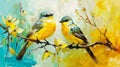 Yellow Birds Sitting on Branch Acrylic Painting