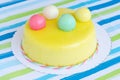 Yellow birthday cake with colored balls