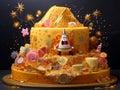 Yellow Birthday cake on funny figures, stars black background