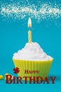 Yellow birthday cupcake with burning candle