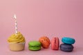 Yellow birthday cupcake with a candle and multi colored macaroons, on a pink background. Greeting card concept. Copy Royalty Free Stock Photo