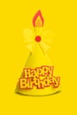 Yellow Birthday hat with elements and decorations for party and celebrations isolated on yellow background