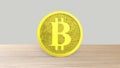 Yellow bitcoin gold coin Isolated on wood wooden table. bit-coin 3d render isolated, cryptocurrency, crypto, business, managment,