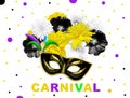 Yellow black bright flowers and black gold carnival mask on white dotted background. Illustration