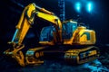 Yellow and black bulldozer in dark place with lights in the background. Generative AI