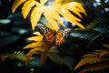 Yellow and black butterfly perched on leaf, created using generative ai technology Royalty Free Stock Photo