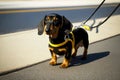yellow black dachshund dog on leash walks on road with walker