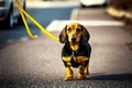 yellow black dachshund dog on leash walks on road with walker
