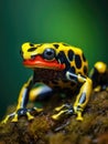 Yellow and black frog sitting on top of a mossy rock Royalty Free Stock Photo