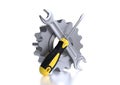 Yellow and black handle screwdriver, wrench and gear on white background