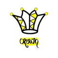 Yellow Black Jester Hat. Hand drawn symbol stylized icon king queen tiara. Calligraphic handwritten word Crown Vector illustration Royalty Free Stock Photo