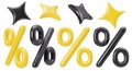Yellow and black percent signs and stars isolated on white background. Discount symbols set. Sale, special offer, good