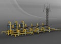 Yellow and black refinery, with large pipes, valves, and towers in the background, 3D rendered