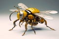 Yellow and black robot bee with wings on its back and eyes open. Generative AI Royalty Free Stock Photo