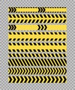 Yellow black striped police line horizontal border seamless patterns set. Warning signal tape set isolated on white