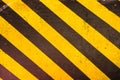 Yellow and black traffic sign on rusty metal.