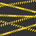 Yellow and black warning tapes with text warning isolated on white background. Police insulation line, signs of danger Royalty Free Stock Photo