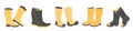 Yellow and black wellies collection. Set of gumboots on a white background