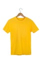 Yellow Blank Cotton Tshirt with wooden hanger isolated on white