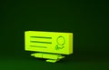 Yellow Blank template of the bank check and pen icon isolated on green background. Checkbook cheque page with empty
