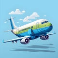 Yellow-blue airplane in cartoon style. flat illustration Royalty Free Stock Photo