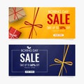 Yellow and Blue banner or gift card design with gift boxes and different discount offer for Boxing Day Royalty Free Stock Photo