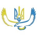 Yellow and blue bird and the coat of arms of Ukraine. A symbol of strength, will and patriotism