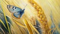 A yellow-blue butterfly in the colors of the flag of Ukraine on a ripe golden ear of wheat. Royalty Free Stock Photo