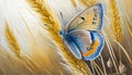 A yellow-blue butterfly in the colors of the flag of Ukraine on a ripe golden ear of wheat.