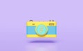 Yellow blue camera with dollar coin money isolated on purple background. investment, saving money, business banking finance