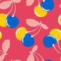 Yellow and blue cherries with leaves on a pink background. Berry background. Seamless cute pattern