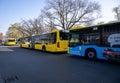 Yellow and blue Citaro busses parked on the street.