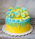 Yellow and blue cream cheese cake with merengues Royalty Free Stock Photo