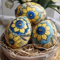 yellow with blue Easter eggs in basket