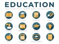 Yellow and Blue Education School Icon Set. Literature, Learning, Certificate, Creativity, Professor, Presentation, Student, Ideas Royalty Free Stock Photo