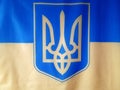 yellow and blue flag and coat of arms of Ukraine