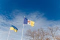 Yellow and blue flag and coat of arms of Ukrainian town Izmail flying on blue cloudy sky background with tree btanches