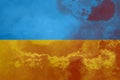 Yellow and blue flag of Ukraine with red blood spots. Picture for background