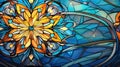 Yellow blue floral stained glass background created with Generative AI Royalty Free Stock Photo