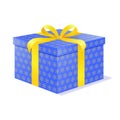 Gift. Blue gift box with yellow pattern and yellow satin ribbon bow on white background. Vector. Exclusive. Royalty Free Stock Photo