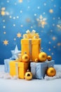 Yellow and blue gifts,balls on a festive Christmas background. Brilliant gifts in the colors of the flag of Ukraine.Copy space for Royalty Free Stock Photo