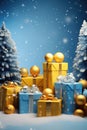 Yellow and blue gifts,Christmas tree, balls on a festive Christmas background. Brilliant gifts in the colors of the flag of Royalty Free Stock Photo