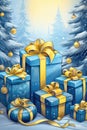 Yellow and blue gifts,Christmas tree, balls on a festive Christmas background. Brilliant gifts in the colors of the flag of Royalty Free Stock Photo